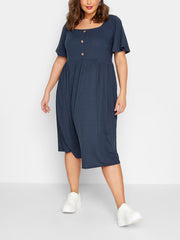 Solid Ribbed Button Decor Butterfly Sleeve Maxi Dress