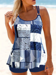  Patchwork Paisley Tankini Set Women's Cami Top & Shorts Bathing Suit