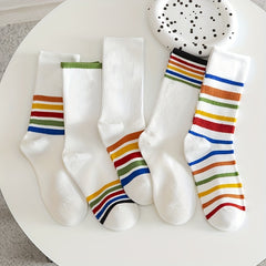 5 Pairs Rainbow Striped Socks Mid Tube Women's Stockings