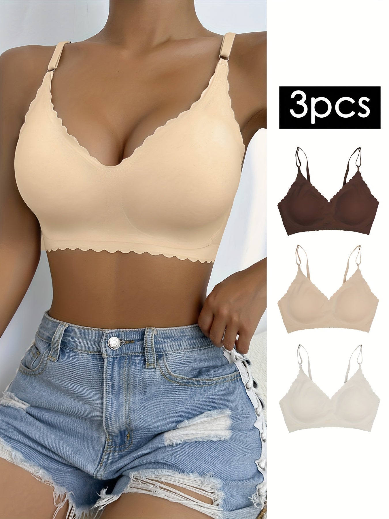 3pcs Wavy Trim Seamless Bralettes Wireless Intimates Bras