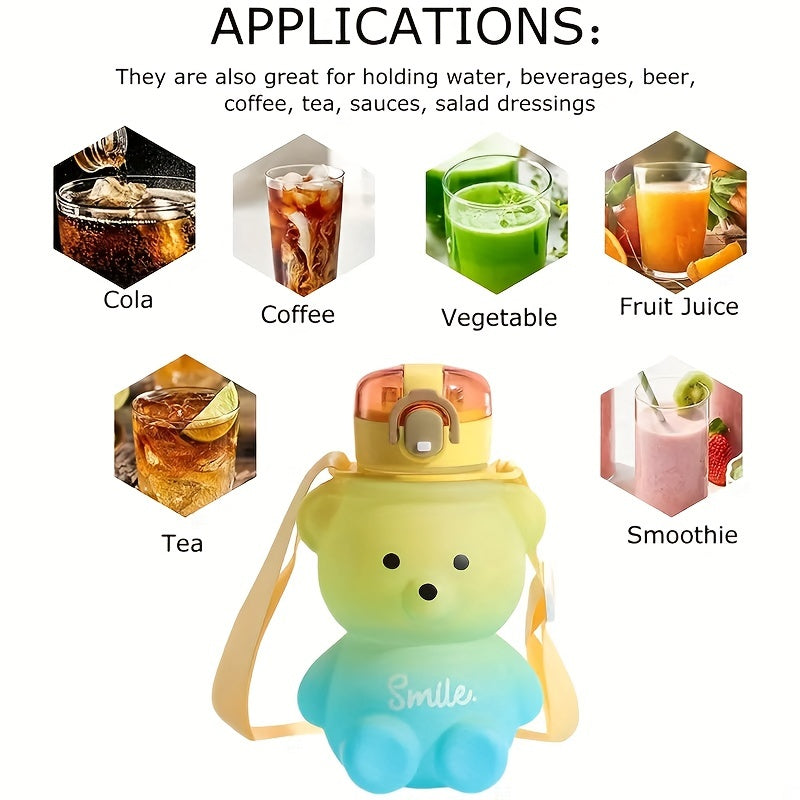 Cartoon Bear Water Bottle 27oz Leak Proof BPA Plastic Straw and Strap