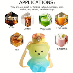 Cartoon Bear Water Bottle 27oz Leak Proof BPA Plastic Straw and Strap