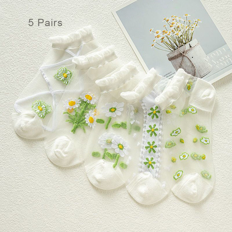Floral Mesh & Ruffle Trim Ankle Socks Women's Stockings
