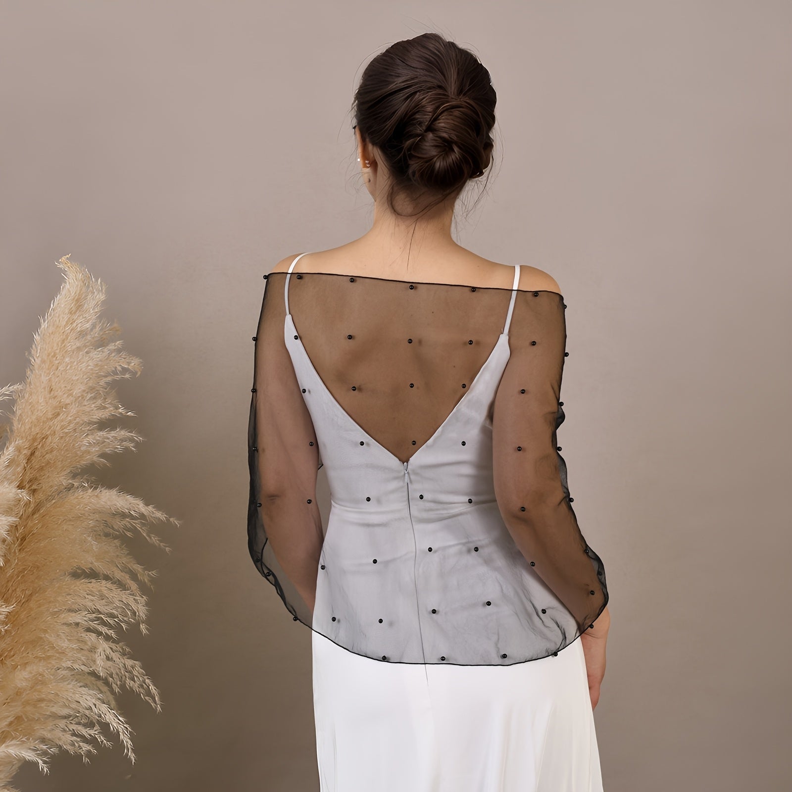 Short Bridal Cape with Pearl Mesh Overlay for Bridesmaids