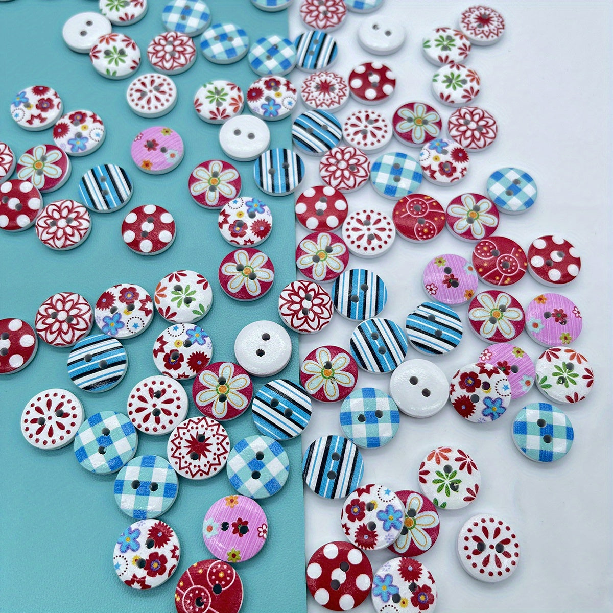 Bohemian Y2K Flower Wooden Buckle Mixed Round Print Wood Button