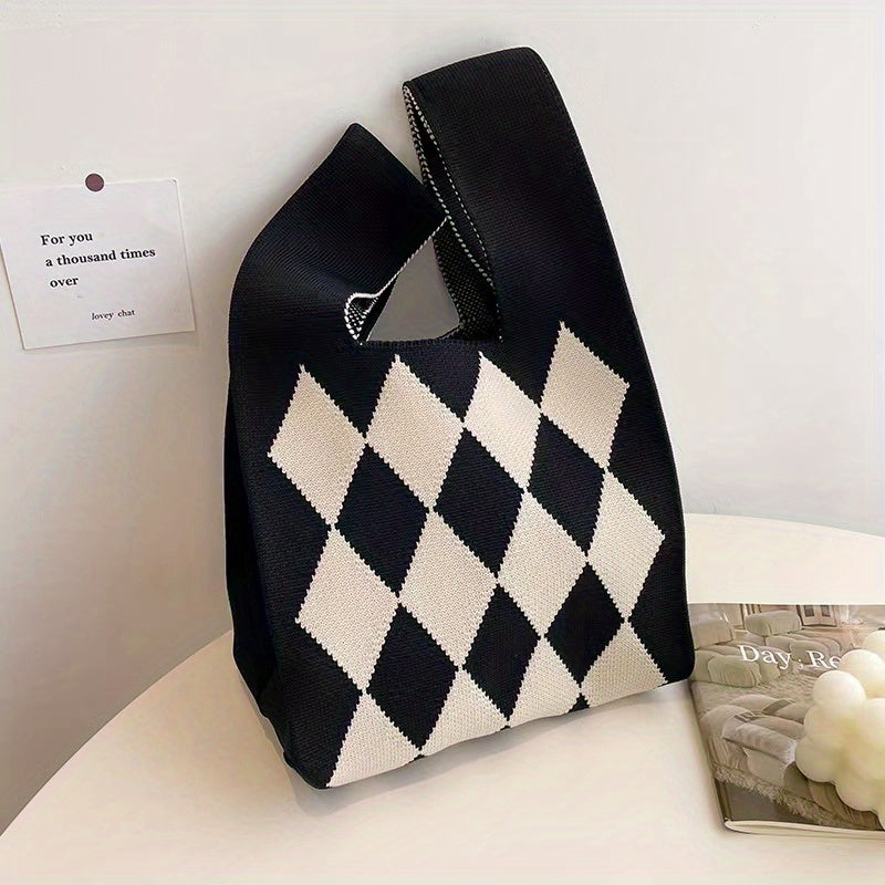 Rhombus Contrast Woven Handbag Fabric Crochet Niche Tote Bag