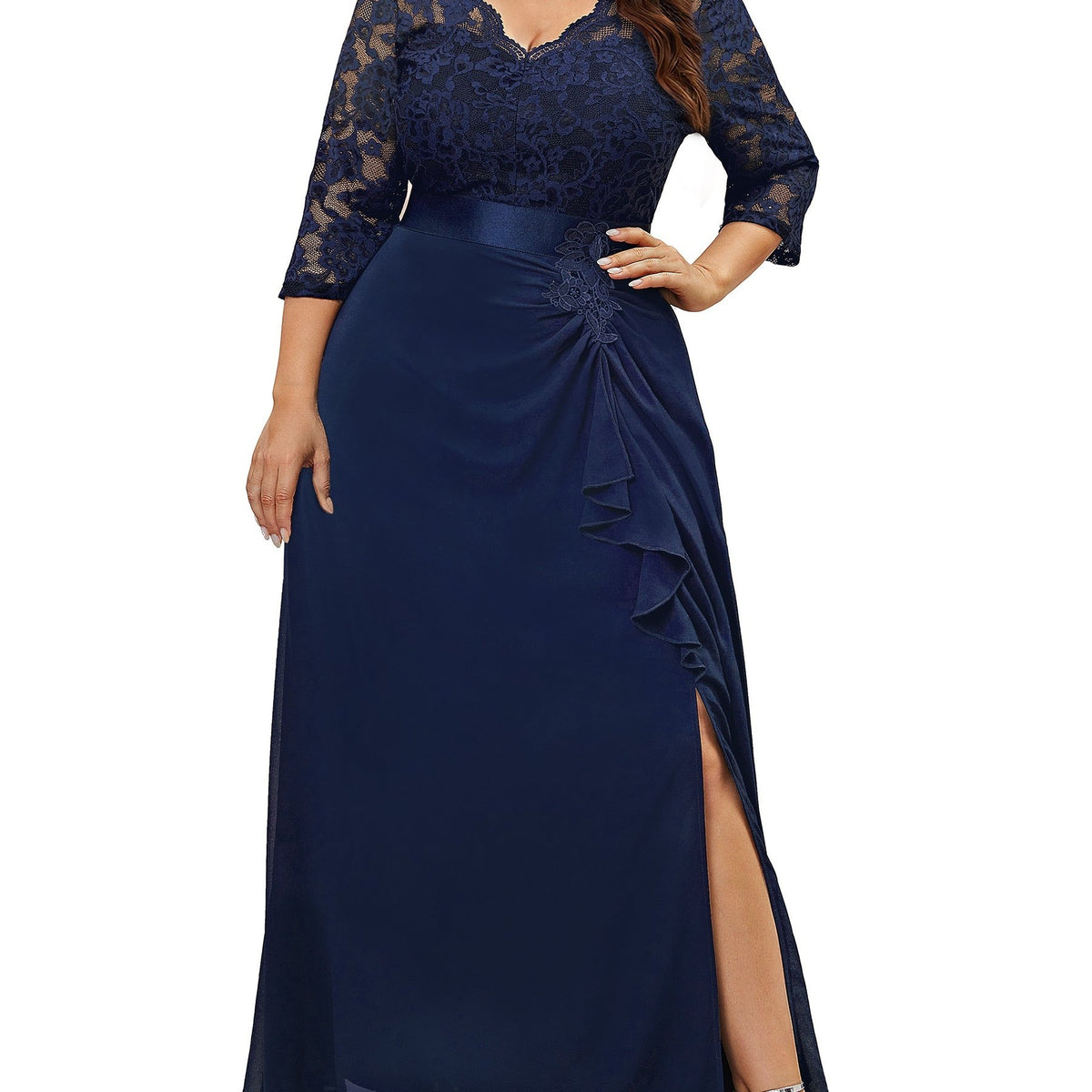  Lace Sleeve Ruffle Maxi Evening Dress