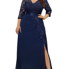  Lace Sleeve Ruffle Maxi Evening Dress