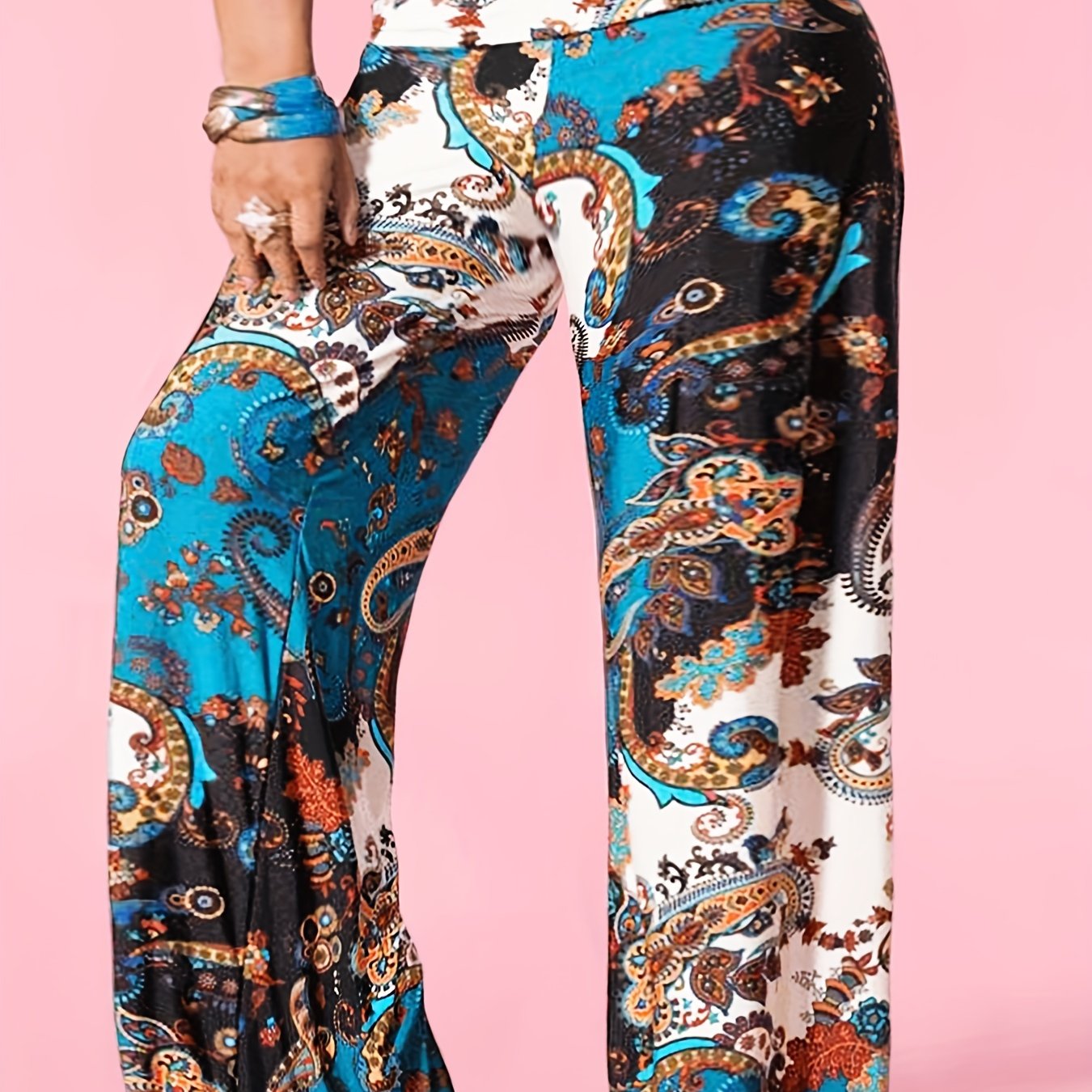 Floral Paisley Print Wide Leg Yoga Pants Plus Size