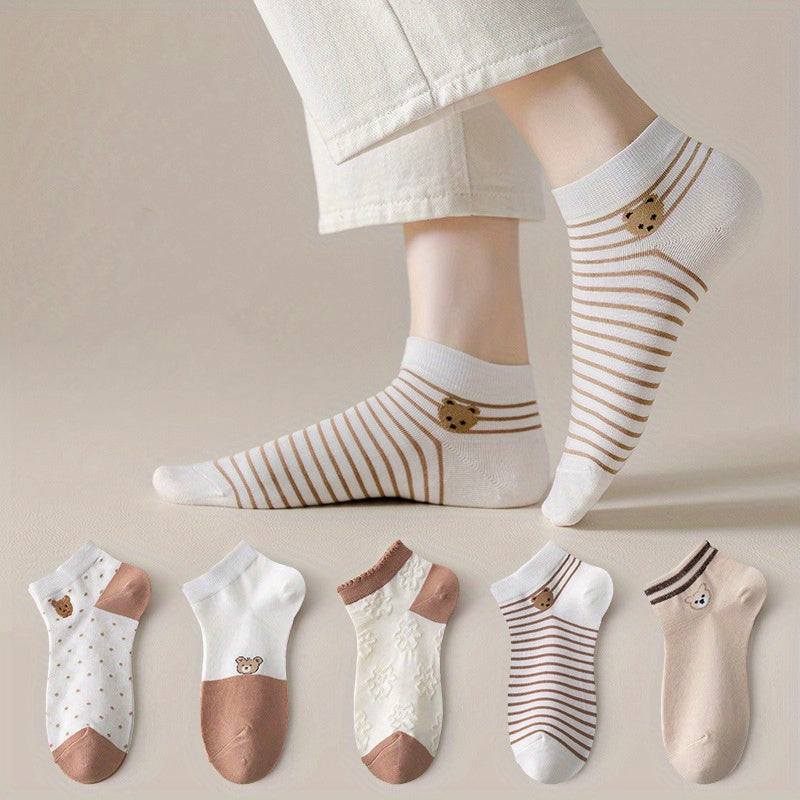 5 Pairs Thin Bear Print Short Socks for Women