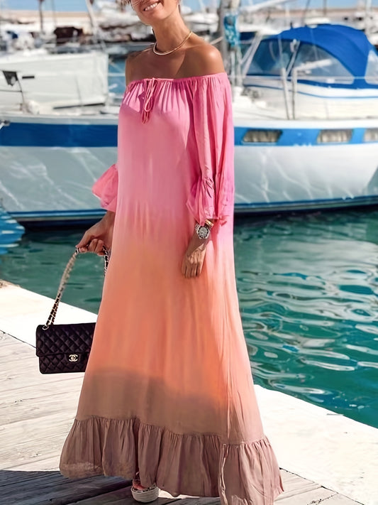  Colorblock Ombre Print Bell Sleeve Maxi Tie Dress