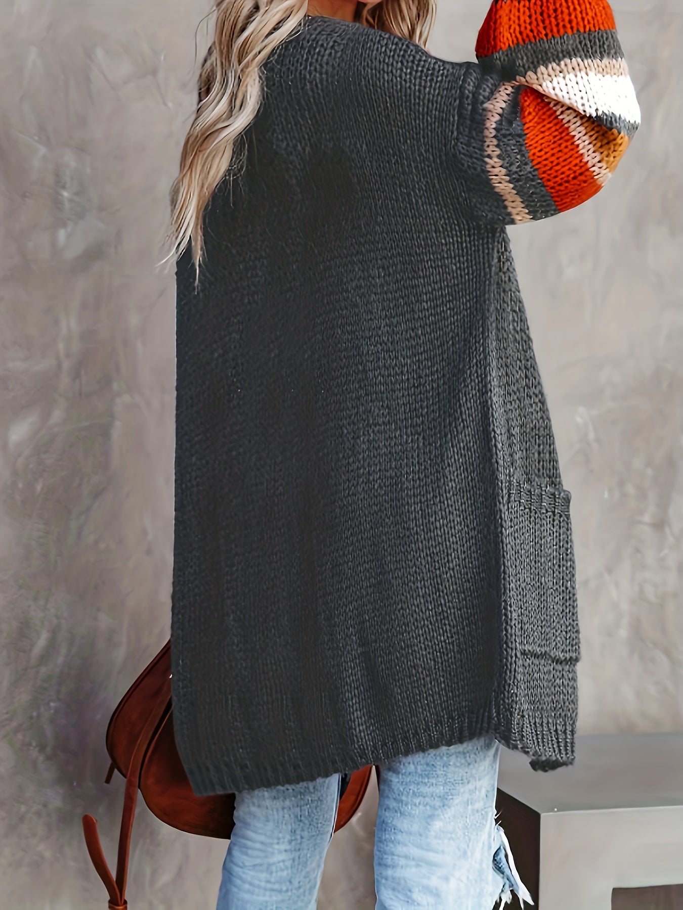  Stripe Print Lantern Sleeve Cardigan