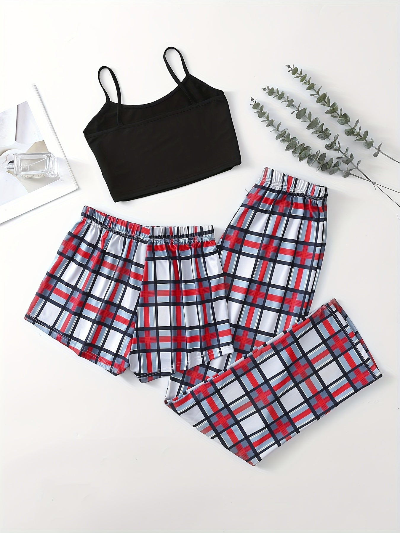 Plaid Pajama Set Cami Top Shorts Pants