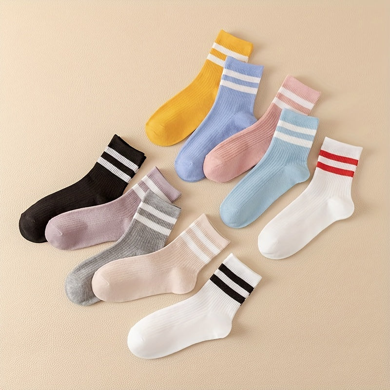 10 Pairs Striped Crew Socks Breathable Women's Stockings