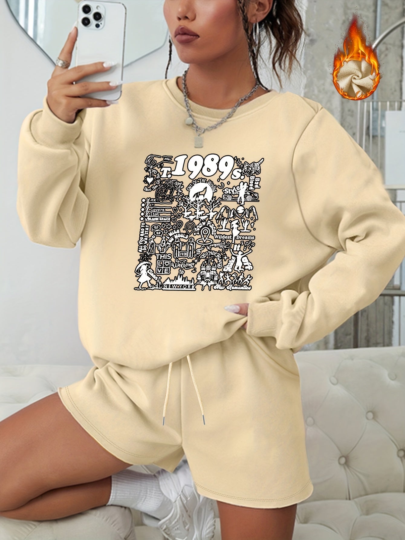  Casual Outfit Set: Graphic Sweatshirt & Shorts