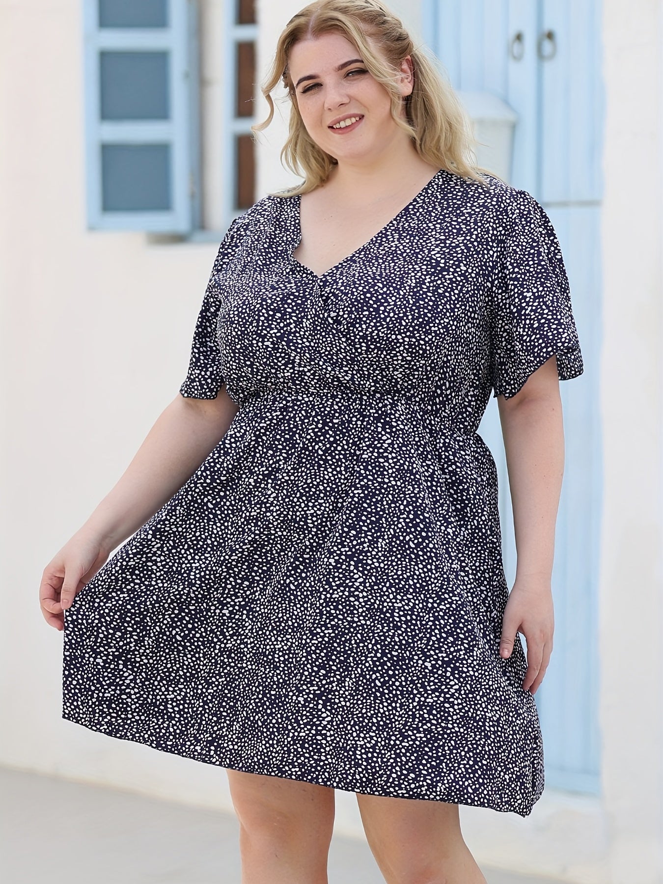  Dot Print V Neck Dress With Pockets