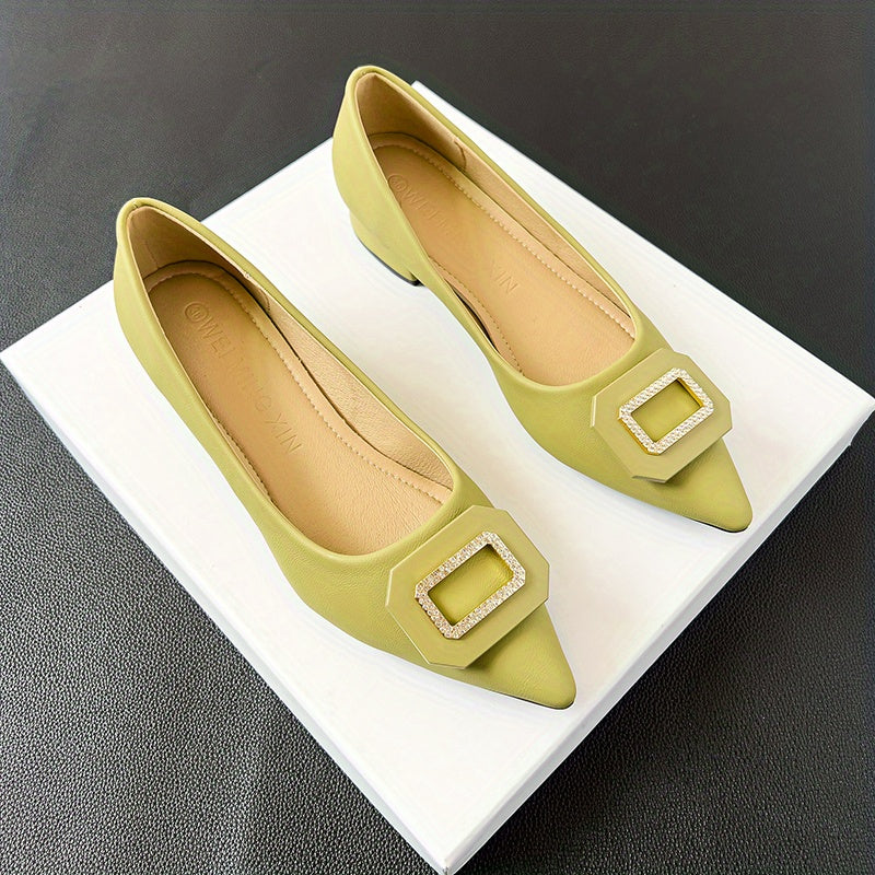 Women's Pointed Toe Low Heels Slip On Buckle Decor Chunky Heels