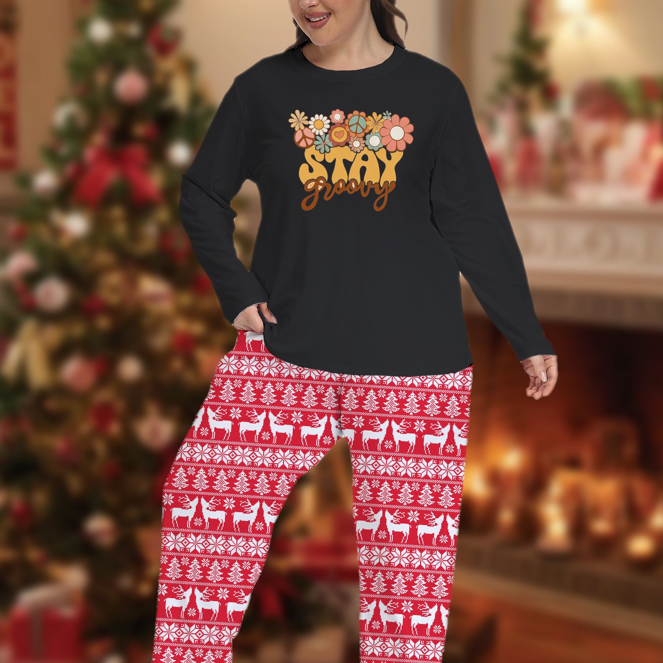 Plus Size Christmas Pajamas Set Women's Floral Print Long Sleeve