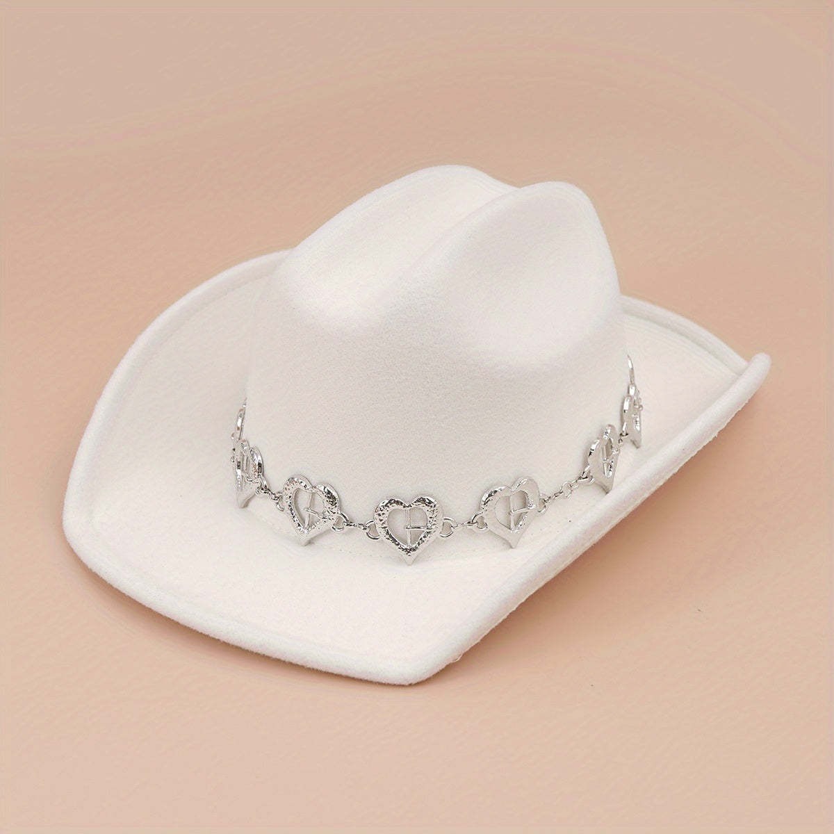 Silvery Oval Heart Stone Iron Chain Decor Cowboy Hat