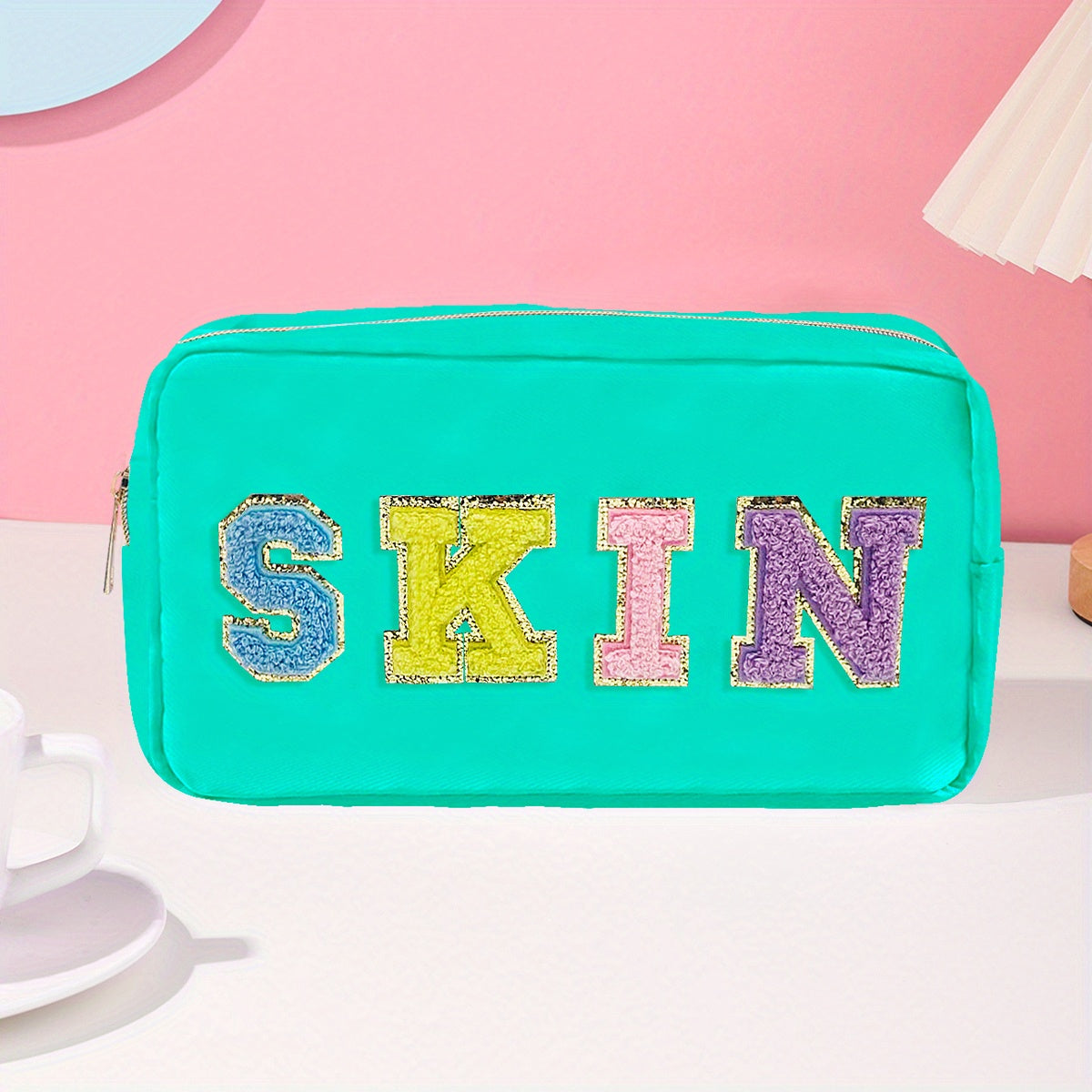 Plush Letter Print Zipper Makeup Pouch Portable Cosmetic Bag