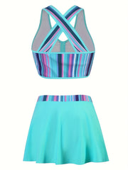  Ombre Print Bikini Set with Tie Front Cross Back Bra & Mini Skirt