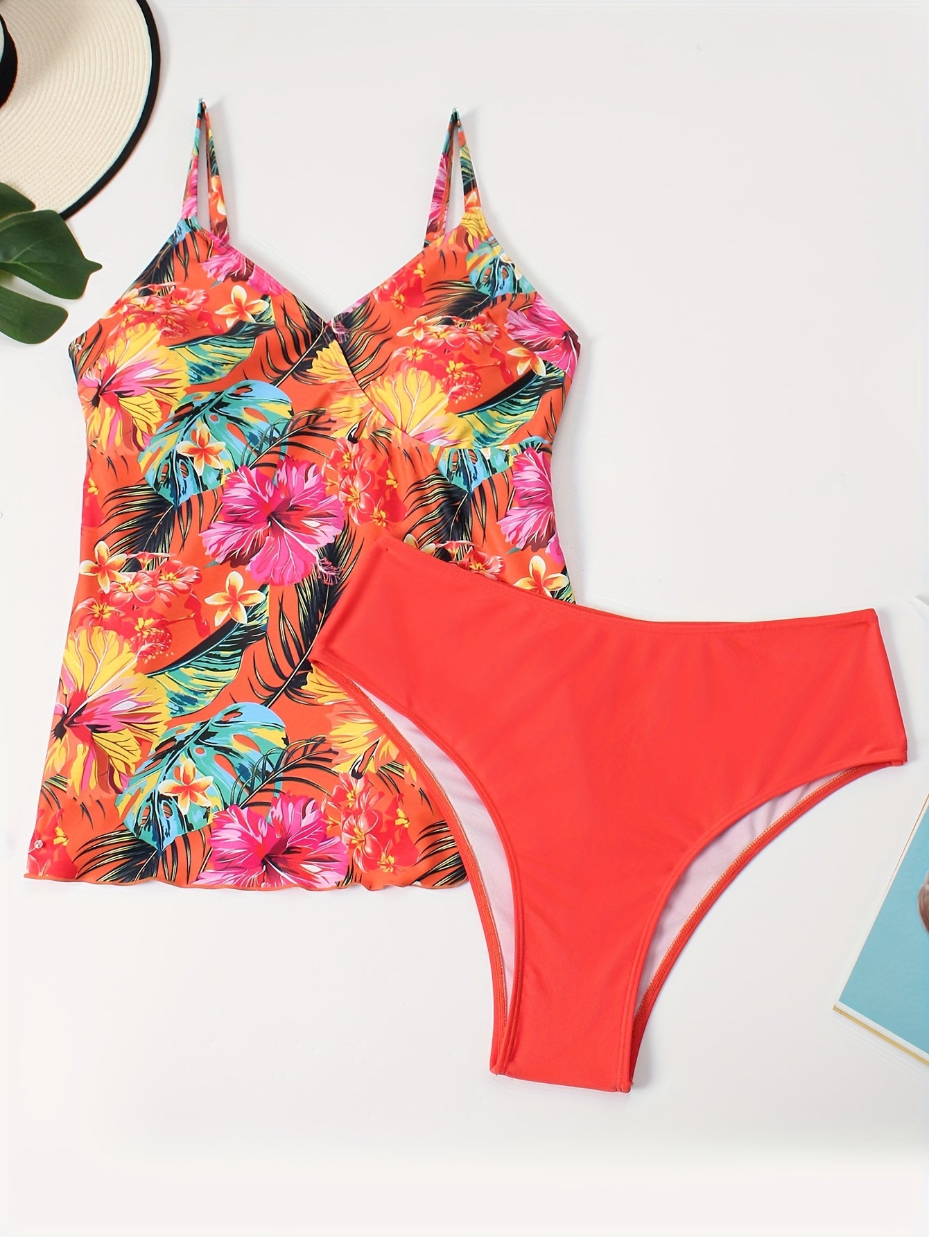  Boho Tankini Set Tropical Print V Neck Cami Top & Solid Panty Swimsuit