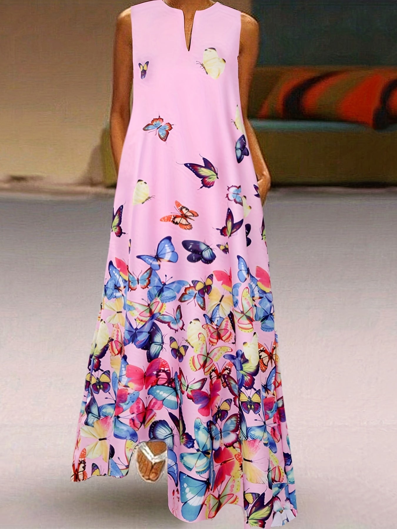  Butterfly Print Maxi Dress with Pockets
