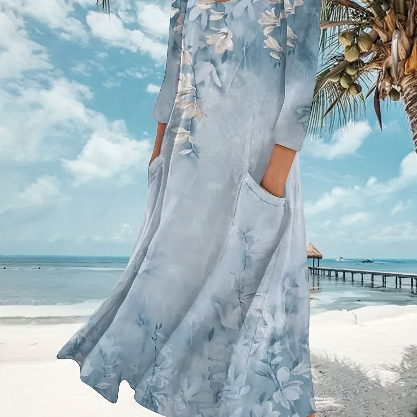 Women's Plus Floral Print Long Sleeve Maxi Dress With Pockets