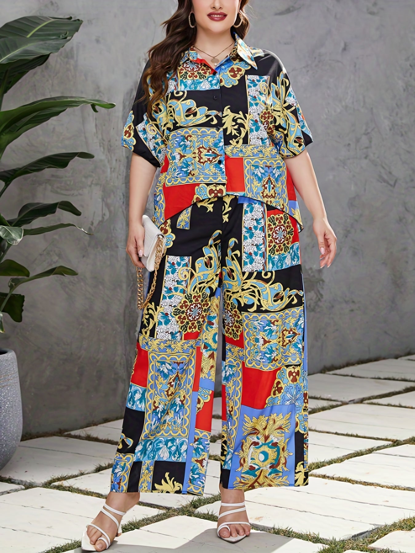  Colorblock Baroque Print Blouse & Wide Leg Pants Outfits 2 Piece Set
