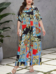  Colorblock Baroque Print Blouse & Wide Leg Pants Outfits 2 Piece Set