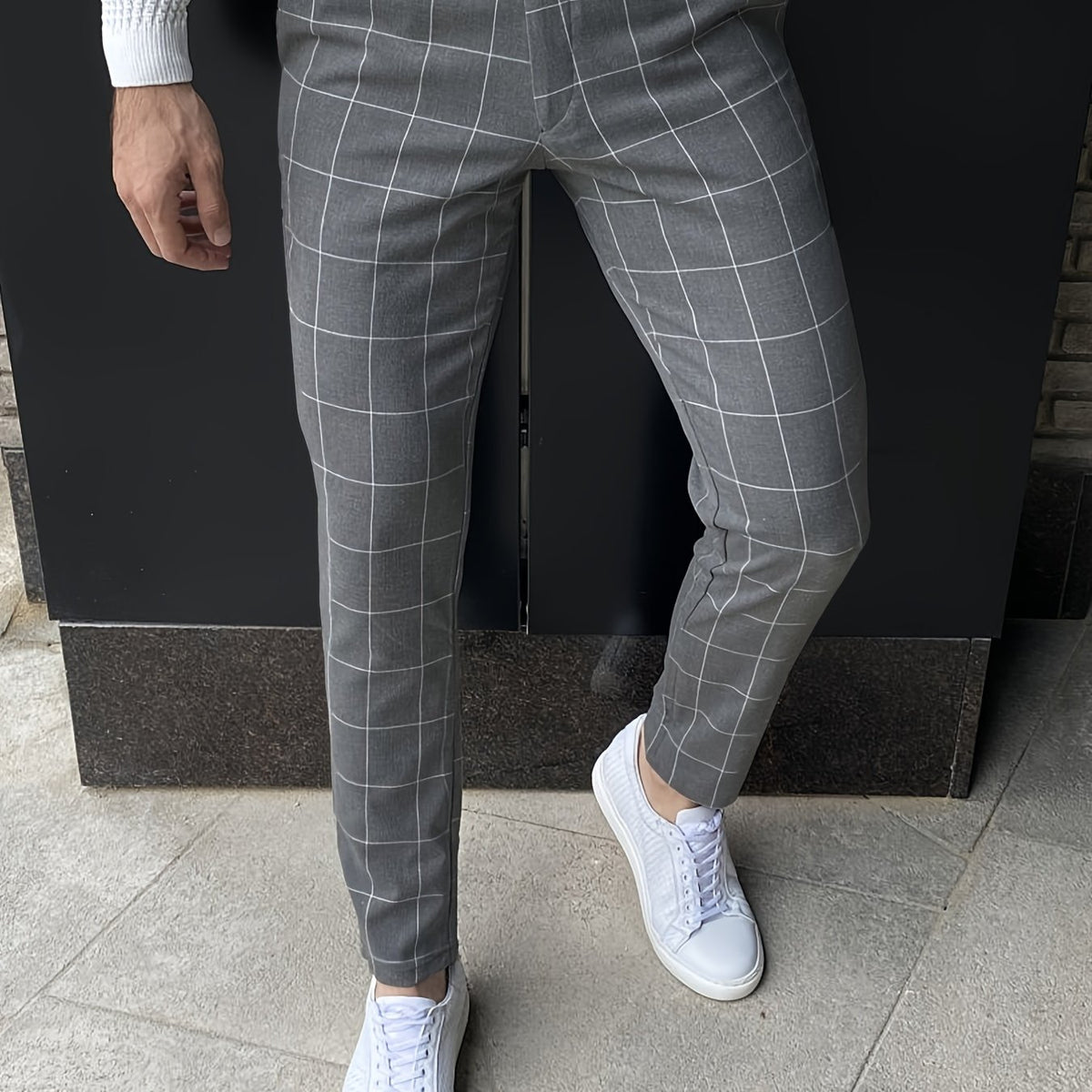 Slim Fit Plaid Slacks Men's Casual Vintage Style Slightly Stretch Dress Pants