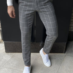 Slim Fit Plaid Slacks Men's Casual Vintage Style Slightly Stretch Dress Pants