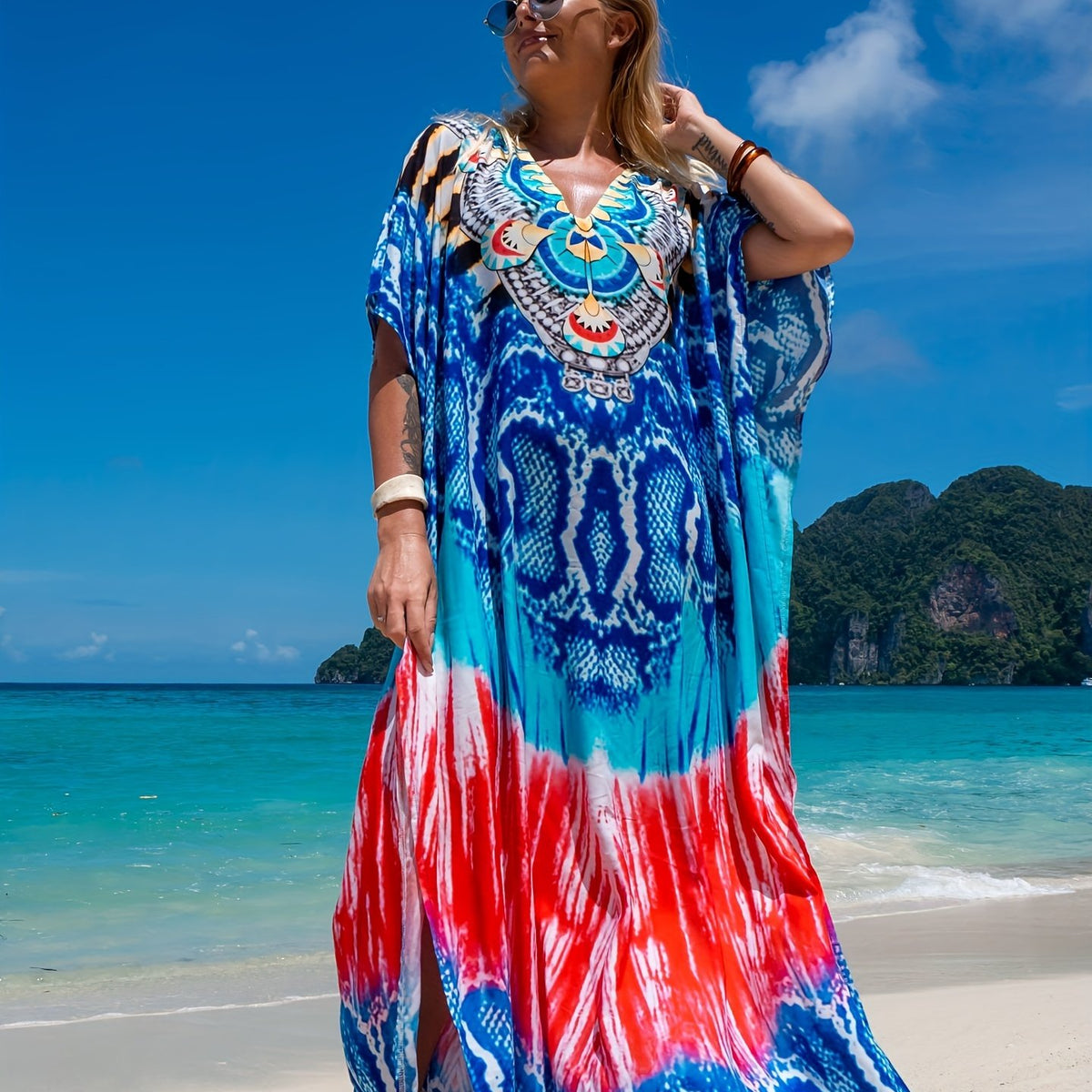 Boho Cover Up Women's Plus Tribal & Leopard Print Batwing Sleeve V Nec