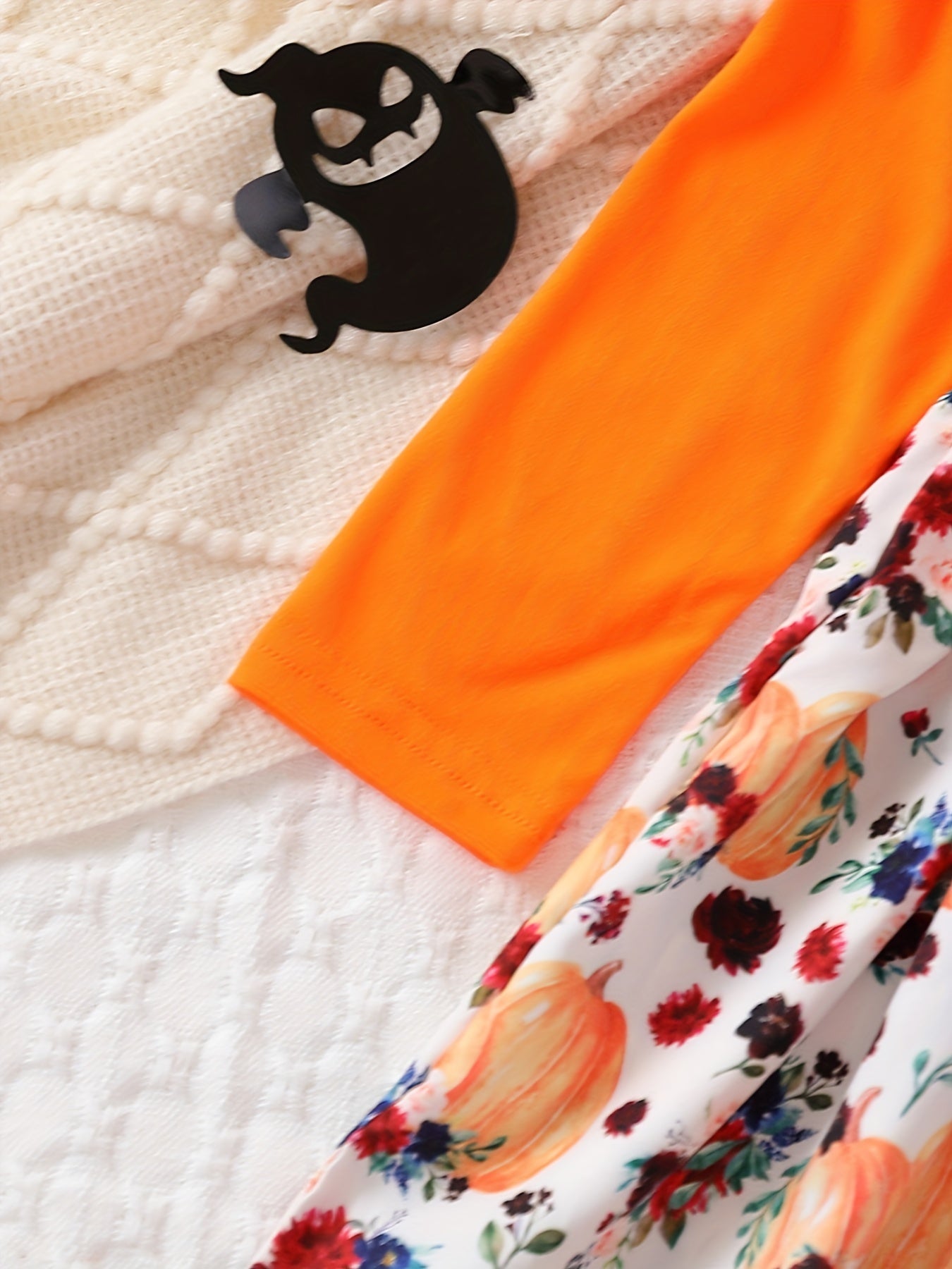 Pumpkin & Flowers Dress with Ruffle Trims Long Sleeves