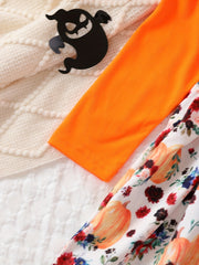 Pumpkin & Flowers Dress with Ruffle Trims Long Sleeves