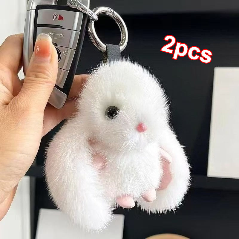 2pcs Rabbit Pendant Plush Toy Keychain for Backpack or Car Keys Party Style