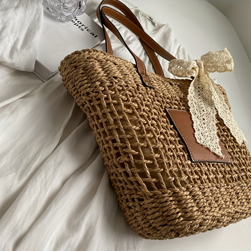 Straw Summer Beach Bag Woven Tote Scarf Decor Shoulder Bag
