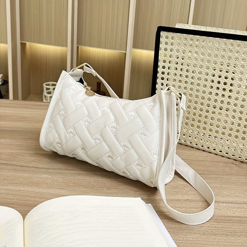 Quilted Heart Pattern Underarm Bag PU Leather Textured Bag Purse