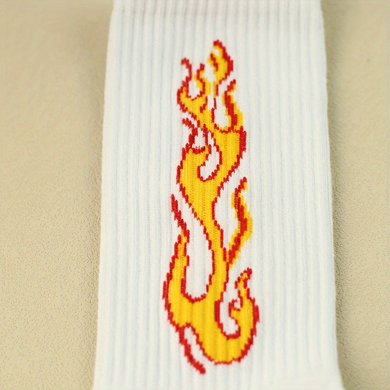 3 Pairs Flame Print Socks Comfy & Breathable Women's Mid Tube Stockings