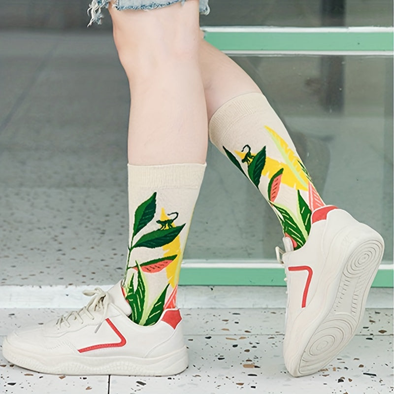 Floral Pattern Socks, Comfy & Breathable Women's Mid Tube Stockings