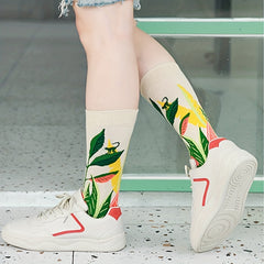 Floral Pattern Socks, Comfy & Breathable Women's Mid Tube Stockings