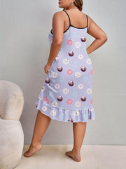  Cartoon Donut Print Ruffle Trim Sleep Dress