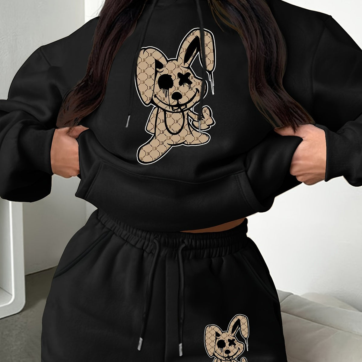  Rabbit Print Hoodie & Shorts 2 Piece Set