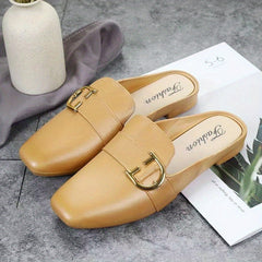 Square Toe Flat Mules with D Buckle Slip On Slide Shoes