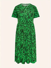  Allover Print Short Sleeve Round Neck Dress