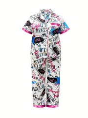 Y2K Pajamas Set Women's Plus Graffiti Print Satin Lounge 2 Piece