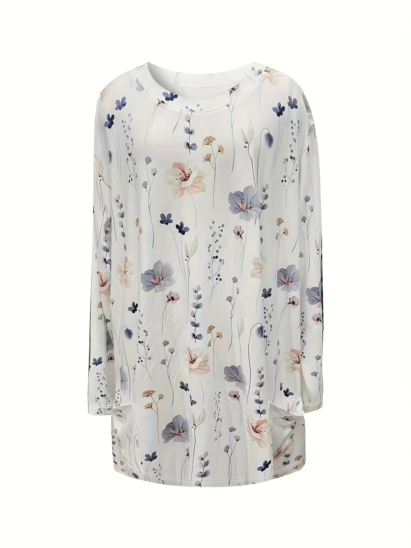  Floral Print Long Sleeve Pocketed Tee Dress