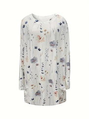  Floral Print Long Sleeve Pocketed Tee Dress