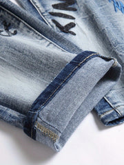 Men's Slim Fit Embroidery Denim Jeans Casual Streetwear Trousers