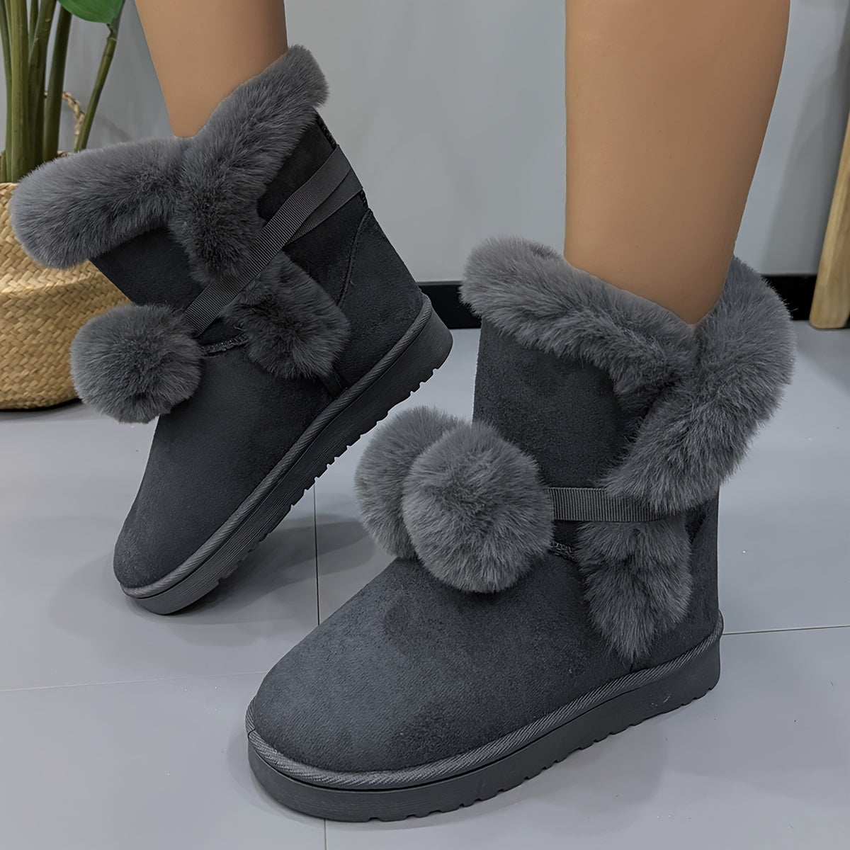Women's Pompom Thermal Snow Boots Non Slip Flat Snow Shoes